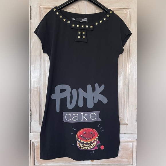 Love Moschino T-Shirt Dress Sz 6 ‘Punk Cake" Black Graphic Gold Studs Goth-nwt - Picture 9 of 9